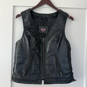 Women's Black Leather Vest Zip Pockets M/L